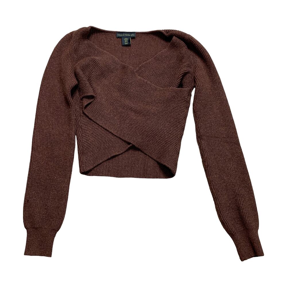 House of Harlow Brown Knit Long Sleeve Cropped Cross Sweater Size XS